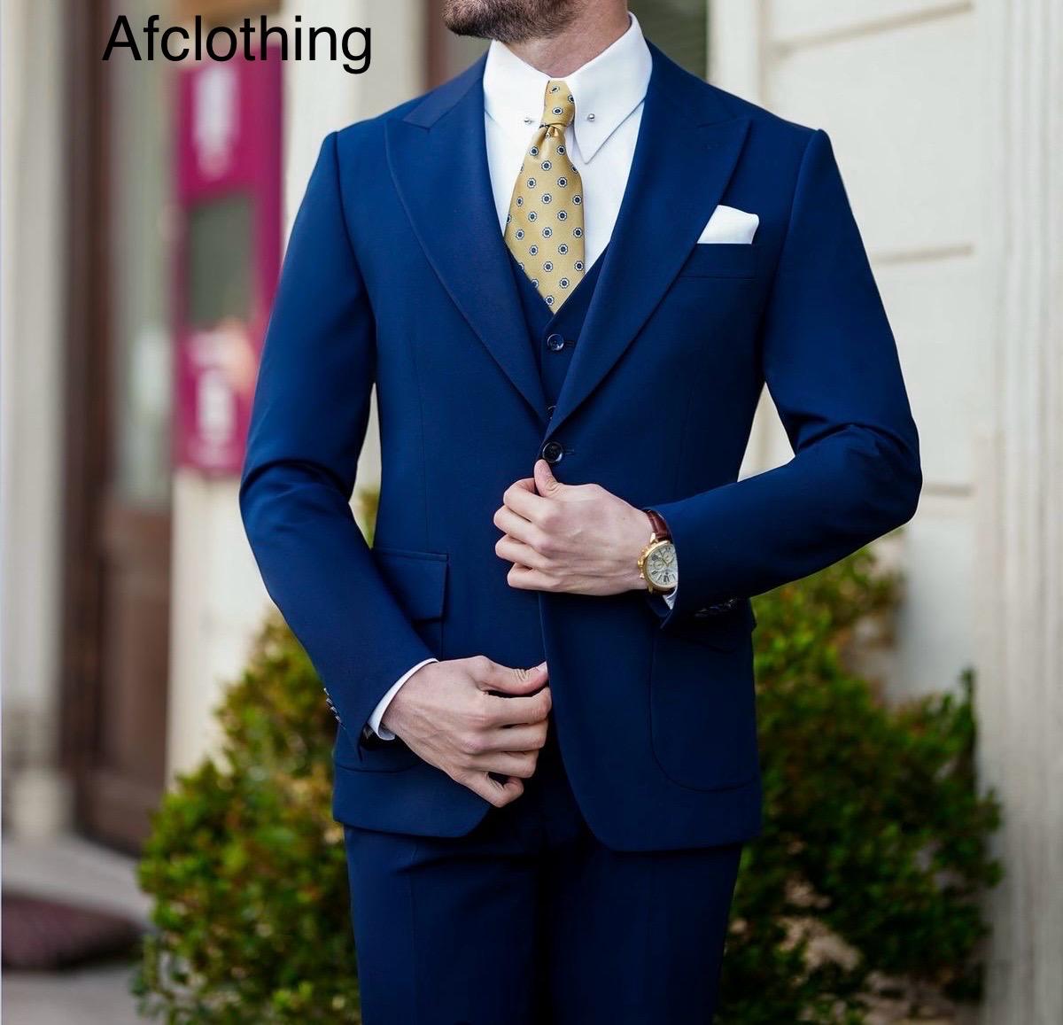 ネイビーブルーの3ピースアニバーサリースーツ、エスニックスーツ