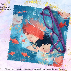 May include: A microfiber cleaning cloth with a colorful illustration of three cartoon children swimming with goldfish in a blue and green underwater scene. The cloth is 6 inches by 7 inches and has a white back.
