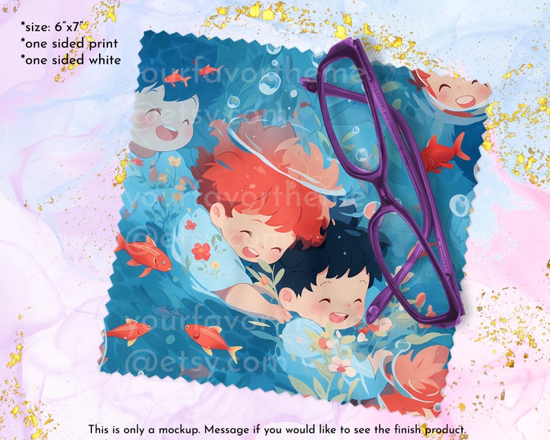 May include: A microfiber cleaning cloth with a colorful illustration of three cartoon children swimming with goldfish in a blue and green underwater scene. The cloth is 6 inches by 7 inches and has a white back.