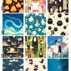 May include: A collage of 12 colorful illustrations featuring characters and scenes from popular Japanese animated films. The images include a blue dragon, a girl with a white dress, a black cat, and a white fluffy creature.