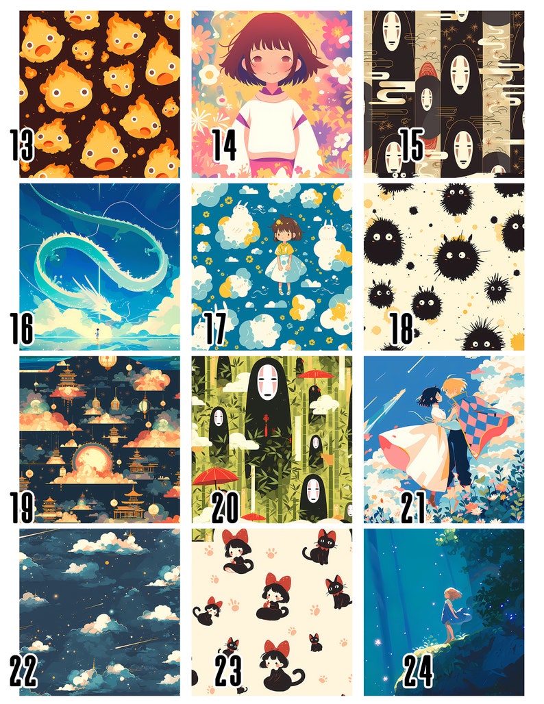 May include: A collage of 12 colorful illustrations featuring characters and scenes from popular Japanese animated films. The images include a blue dragon, a girl with a white dress, a black cat, and a white fluffy creature.