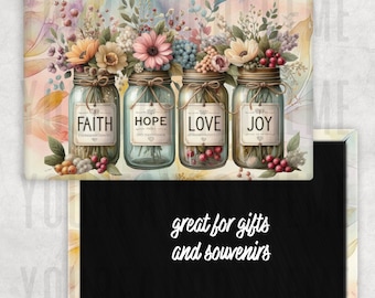 Imán de casillero - Tarros de flores Faith Joy Love Hope, imán para nevera y foto, regalo único, decoración de inauguración de la casa