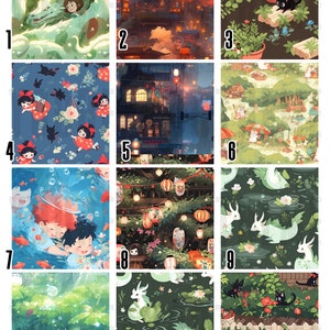 May include: A digital collage of 12 different patterns featuring various themes, including a green dragon, a city at night, a garden with black cats, a blue floral pattern, a red lantern, a forest scene, a couple swimming, a green dragon in a pond, a green forest with a white creature, a green dragon in a pond, a garden with black cats, and a green forest with a white creature.