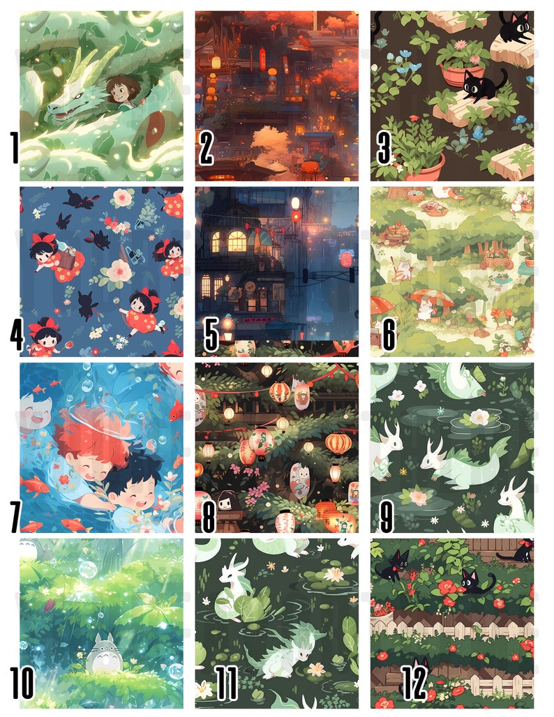May include: A digital collage of 12 different patterns featuring various themes, including a green dragon, a city at night, a garden with black cats, a blue floral pattern, a red lantern, a forest scene, a couple swimming, a green dragon in a pond, a green forest with a white creature, a green dragon in a pond, a garden with black cats, and a green forest with a white creature.