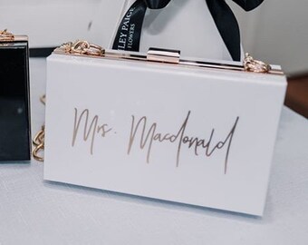 Personalised Acrylic Clutch Bag | Black, White, Clear | Wedding | Engagement | Birthday | Custom | Luxe | Bridesmaid | Maid of honour | Gift