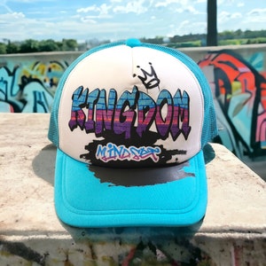 Blue Teal Graffiti Trucker Hat Kingdom Mindset Faith Christian Apparel