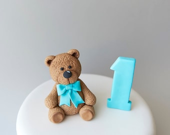 Cute 4" Fondant Teddy Bear and Age Number, Teddy Bear Pastel Fondant Cake Topper for Birthday, Personalised