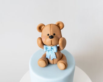 Cute Brown Fondant Teddy Bear 4.25", Cake Bunting Banner Name Letters, Baby Boy or Baby Girl Edible Cake Topper, Personalized