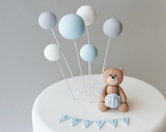 Cute Fondant Teddy Bear & 6 Balloons Cake Topper Set, Banner Name Letters, Pastel Cake Topper for Birthday/Baby Shower, Personalized