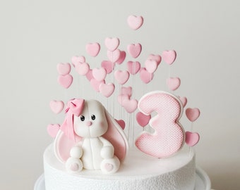 Fondant Bunny Cake Topper, Edible Bunny Birthday Cake Topper with the Age Number and Hearts