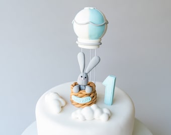 Hot Air Balloon Bunny Fondant Cake Topper,  3D Clouds, Baby Boy Birthday Edible Cake Topper, Personalized with Age Number and Name Plaque