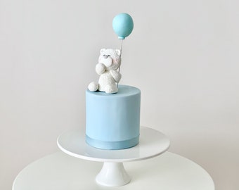 Cute Fondant White Teddy Bear & Pastel Blue Balloon Cake Topper, Baby Boy Cake Topper for Birthday/Baby Shower, Can be Personalized