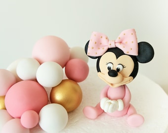 Cute 4" Minnie Mouse and Fondant Balloons Cake Topper, Edible Minnie Mouse Cartoon Cake Topper for Birthday or Baby Shower, Personalized