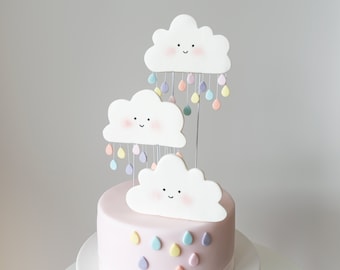 Happy Clouds and Raindrops Cake Topper, Edible Fondant Birthday or Baby Shower Cake Topper, Pastel Colors