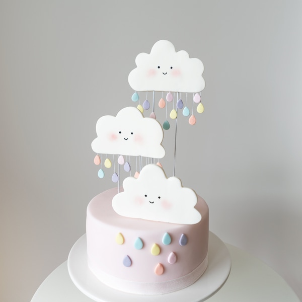 Happy Clouds y Raindrops Cake Topper, Edible Fondant Birthday o Baby Shower Cake Topper, colores pastel