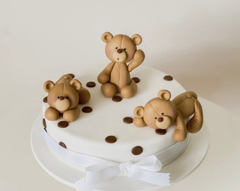 Cute Fondant Teddy Bear Cake Topper Set, Little Fondant Circles, Edible Cake Topper for Birthday or Baby Shower