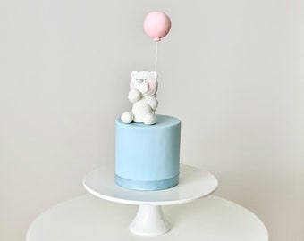 Cute Fondant White Teddy Bear & Pink Balloon Cake Topper, Girl Pastel Cake Topper for Birthday/Baby Shower, Can be Personalized