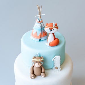 Woodland Animals Personalized Cake Topper, Woodland Fox and Bear, Teepee Tent, Age Number, 3D Edible Birthday Cake Topper, Indian Fox Topper
