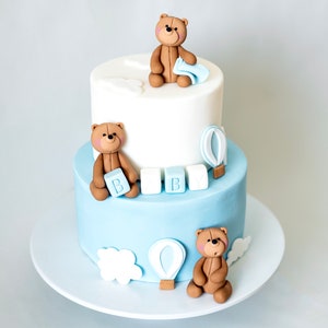Cute Fondant 3 Teddy Bears Cake Topper Set, Clouds and Little Hot Air Balloons, Block Letters BABY, 3D Edible Cake Decoration, Personalized