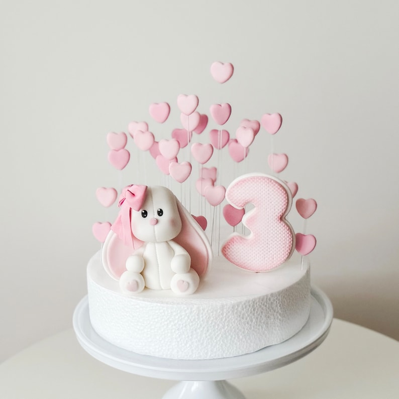 Fondant Bunny Cake Topper, Edible Bunny Birthday Cake Topper with the Age Number and Hearts image 1