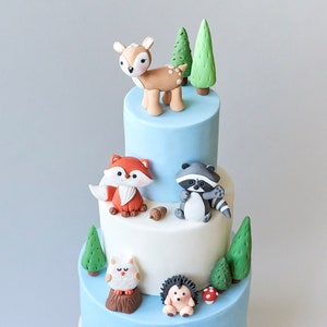 Woodland Animals Edible Fondant Cake Topper, Woodland Deer, Fox, Racoon, Owl, Hedgehog and Trees, Baby Shower or Birthday Cake Topper