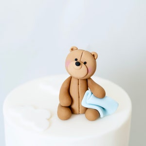 Cute Teddy Bear Holding a Blanket, Edible Fondant Cake Topper, 2 Clouds, Baby Shower or Birthday Cake Decoration, Can be Personalised