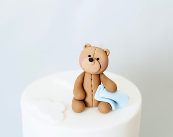 Cute Teddy Bear Holding a Blanket, Edible Fondant Cake Topper, 2 Clouds, Baby Shower or Birthday Cake Decoration, Can be Personalised