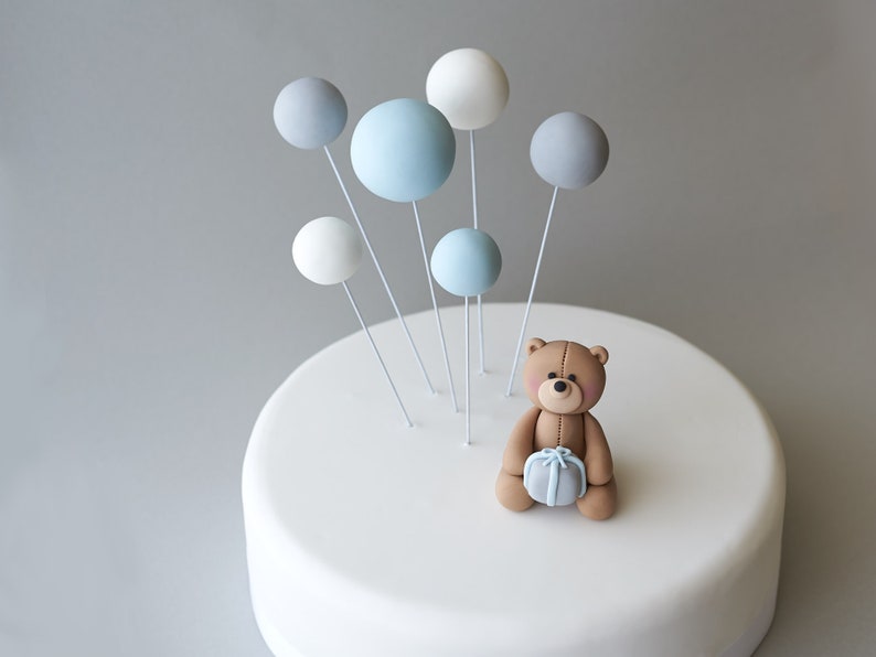 Cute Fondant Teddy Bear and 6 Balloons Cake Topper Set, Teddy Bear Pastel Fondant Cake Topper for Birthday or Baby Boy Shower, Personalised image 1