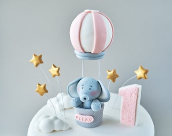 Hot Air Balloon Baby Elephant Fondant Cake Topper, 3D Hot Air Balloon Cake Topper, Birthday or Baby Shower Edible Cake Topper, Personalized