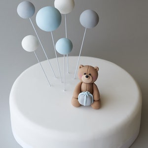 Cute Fondant Teddy Bear and 6 Balloons Cake Topper Set, Teddy Bear Pastel Fondant Cake Topper for Birthday or Baby Boy Shower, Personalised image 2