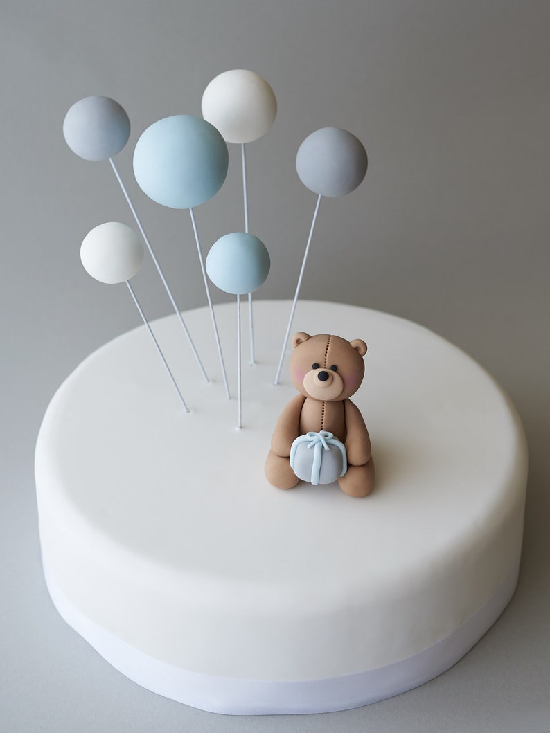 Cute Fondant Teddy Bear and 6 Balloons Cake Topper Set, Teddy Bear Pastel Fondant Cake Topper for Birthday or Baby Boy Shower, Personalised image 2