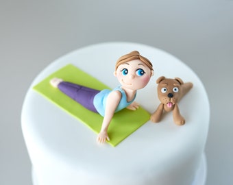 Yoga Fondant Cake Topper, 3.5" Lady/Girl in Cobra Pose, Dog and Yoga Mat, 3D Edible Cake Topper, Woman Birthday Cake Topper, Personalised