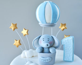 Hot Air Balloon Baby Elephant Fondant Birthday Cake Topper, 3D Hot Air Balloon Cake Topper, Baby Boy Edible Cake Topper, Name, Personalized