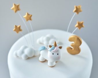 Cute Unicorn, Golden Stars and Clouds Cake Topper, Age Number, 3D Edible Cake Topper, Personalised