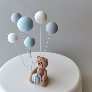 Cute Fondant Teddy Bear and 6 Balloons Cake Topper Set, Teddy Bear Pastel Fondant Cake Topper for Birthday or Baby Boy Shower, Personalised image 4