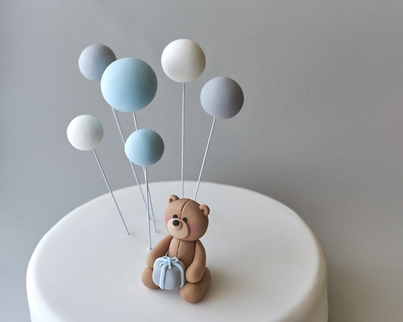 Cute Fondant Teddy Bear and 6 Balloons Cake Topper Set, Teddy Bear Pastel Fondant Cake Topper for Birthday or Baby Boy Shower, Personalised image 4