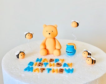 Winnie the Pooh Fondant Cake Topper, 5 Cute Bees, Teddy Bear Topper, Personalized with Happy Birthday + Name