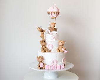 Cute 5 Fondant Teddy Bears Cake Topper Set, Hot Air Balloon Baby Shower Cake Topper, Block Letters, 3D Edible Cake Decoration, Personalized
