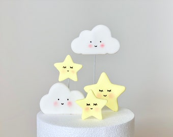 Fondant Stars and Clouds Cake Topper, Edible Birthday or Baby Shower Cake Topper, Pastel, Twinkle Twinkle Little Star Cake Topper