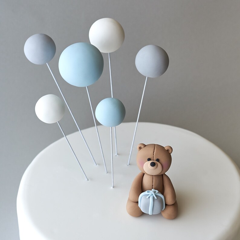 Cute Fondant Teddy Bear and 6 Balloons Cake Topper Set, Teddy Bear Pastel Fondant Cake Topper for Birthday or Baby Boy Shower, Personalised image 3