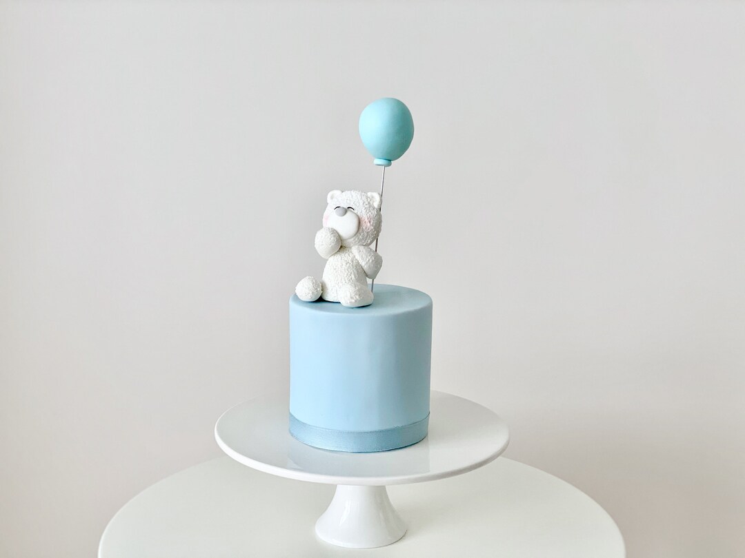 Cute Fondant White Teddy Bear & Pastel Blue Balloon Cake Topper, Baby ...