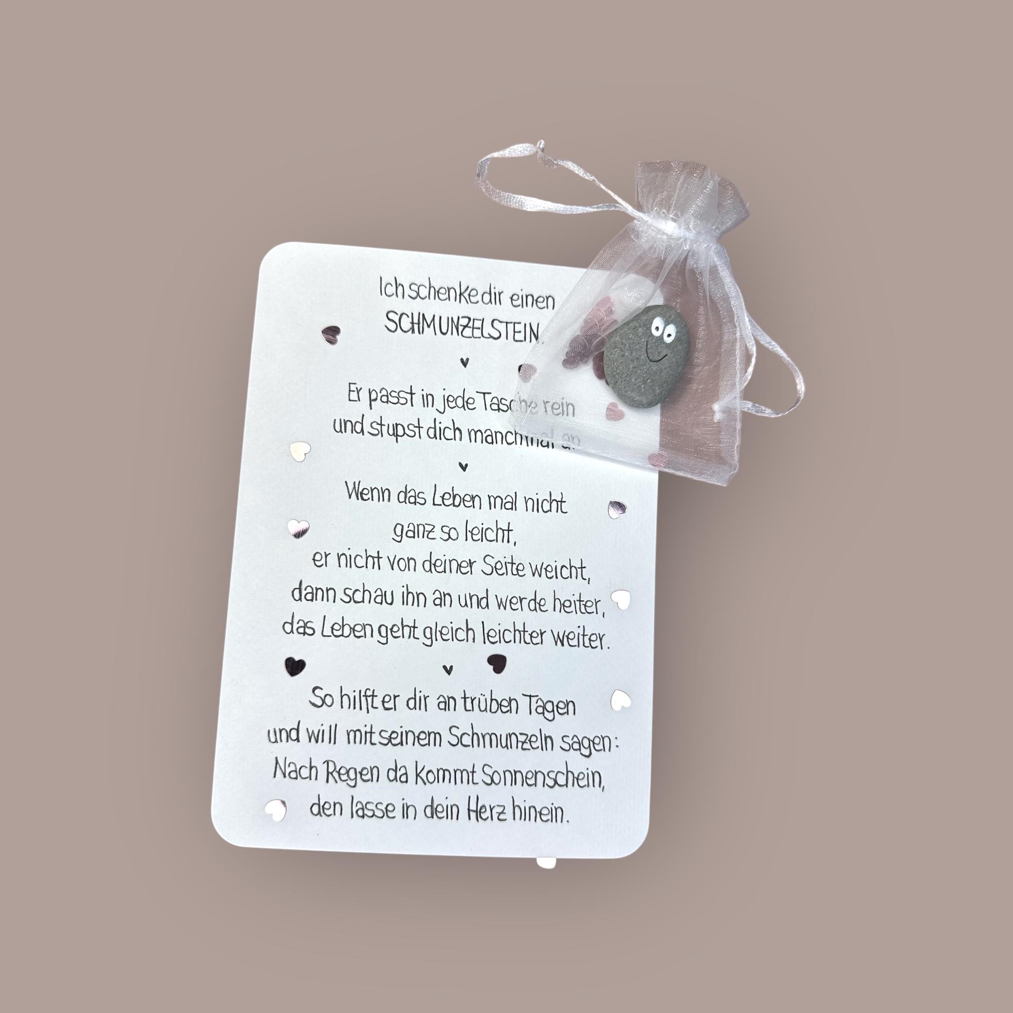 Handwritten smile stone - lucky charm - encourager - lucky stone in a satin bag - heart confetti - gift - comforter - text