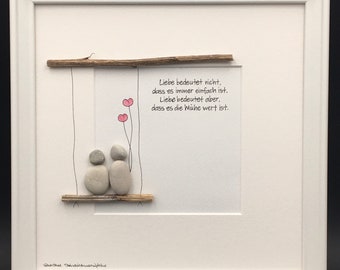 Stone painting "Love does not mean..." flat frame