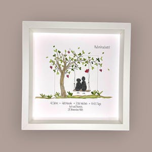 Könnte beinhalten: Gerahmter Kunstdruck mit einem Baum mit Schaukel, zwei Figuren und herzförmigen Blättern. Der Text "Rubinhochzeit" steht oben. Der Text unten enthält "40 Jahre" und "Grit und Thomas, 30 November 1985."