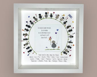 May include: A framed artwork with a white border. The art features a circular design with pebble figures and colorful floral accents. Text in German is visible within the circle and at the bottom, along with a list of names. The artwork is set against a light background.