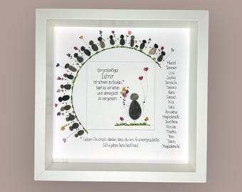 May include: A framed artwork with a white border, featuring a pebble art design. The artwork includes a central message and a list of names. The design incorporates pebble figures, flowers, and hearts, creating a heartfelt tribute.