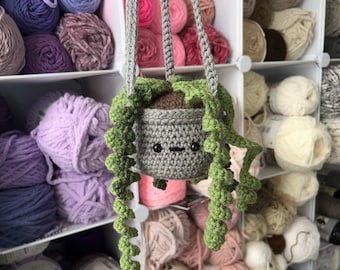 Crochet Hanging Plant: 16" Boho Curly Plant in Gray Pot