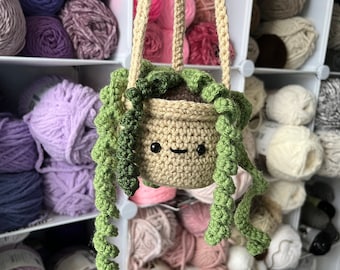 Crochet Hanging Plant: 16" Boho Curly Plant in Tan Pot