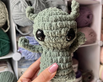 5.5” Smoky Green Alien Crochet Stuffed Animal, Cute Little Alien Plushie, Handmade Alien Plush, Alien Lover Gift, Extraterrestrial Stuffie