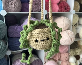 Crochet String of Pearls Hanging Plant: Boho Home Decor in Tan Pot